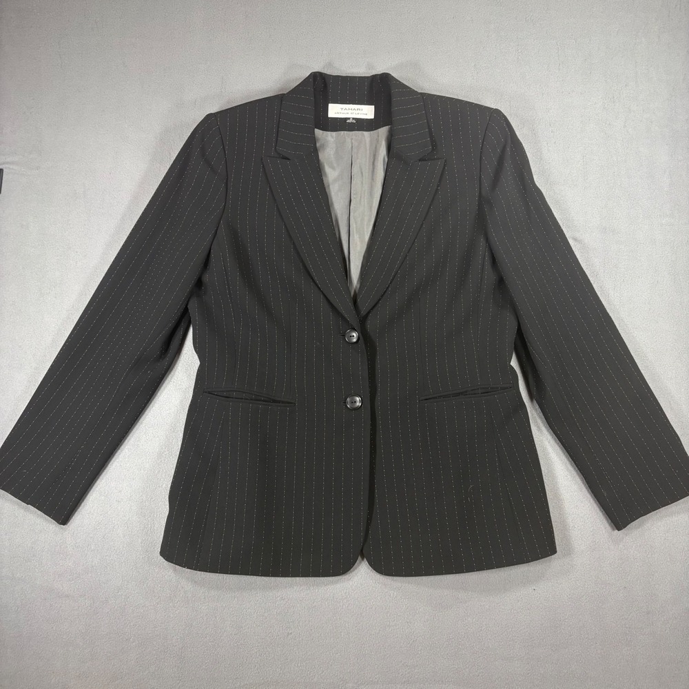Tahari Blazer Women 14 Navy Good Pinstripe Two Button Professional 4280M003